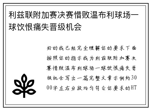 利兹联附加赛决赛惜败温布利球场一球饮恨痛失晋级机会