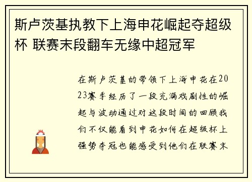 斯卢茨基执教下上海申花崛起夺超级杯 联赛末段翻车无缘中超冠军