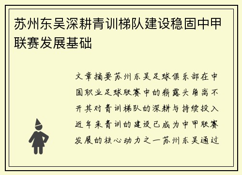 苏州东吴深耕青训梯队建设稳固中甲联赛发展基础 苏州东吴深耕青训梯队建设稳固中甲联赛发展基础